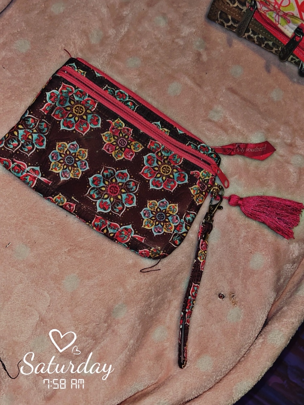 Floral Pattern Wristlet Clutch in Burgundy and Pink